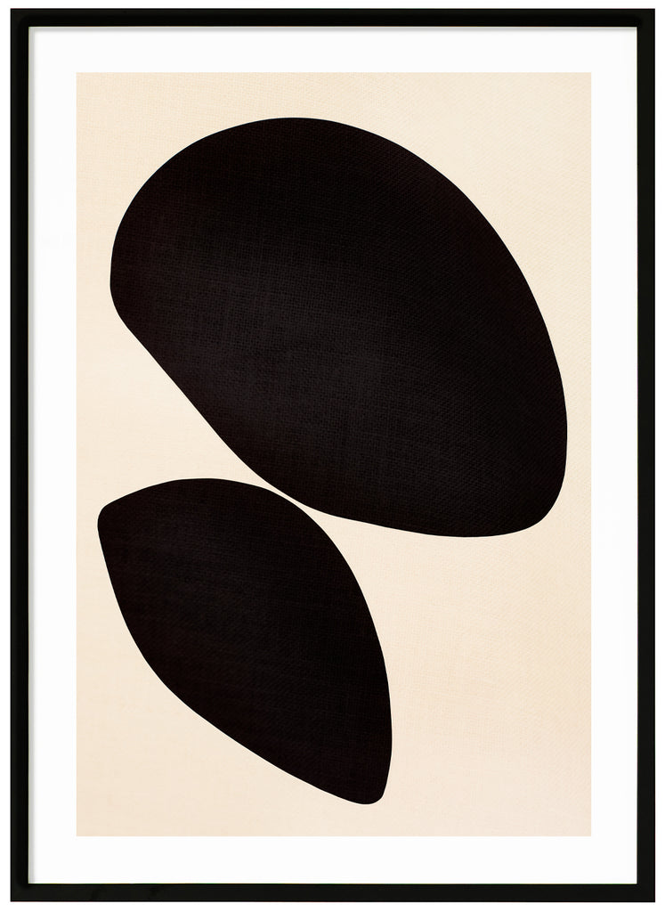 Abstrakt poster av grafiskt motiv i svart och beige. Svart ram.