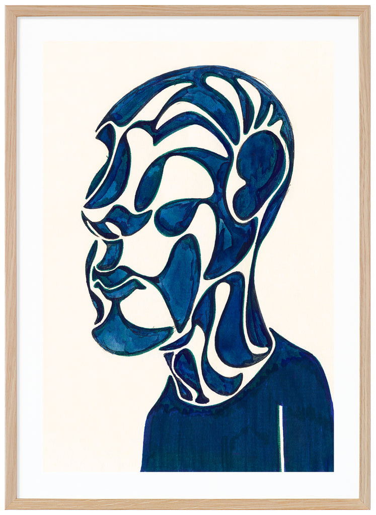 Poster av halvabstrakt blå figur och vit bakgrund. Ekram.