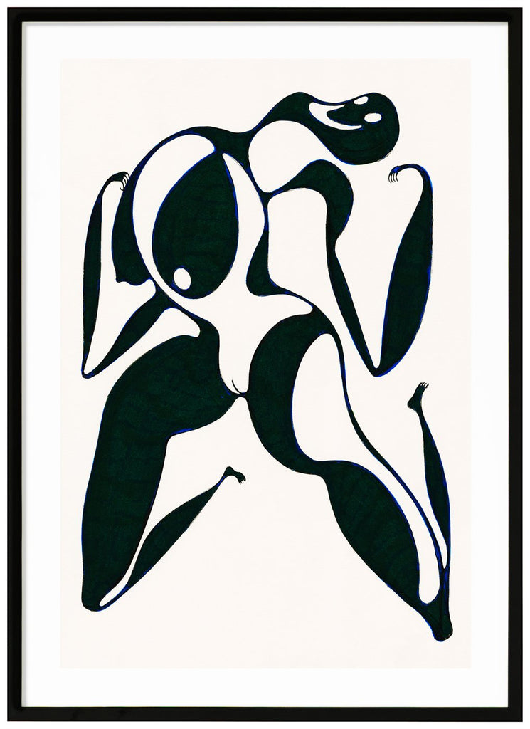 Poster av halv abstrakt figur. Vit bakgrund. Svart ram.