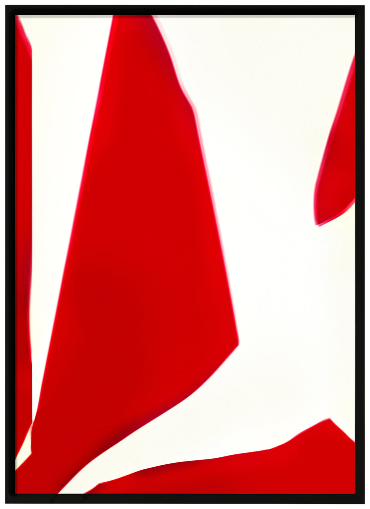 Poster av utfallande motiv. Abstrakt med röd och vit färg. Stående format. Svart ram.