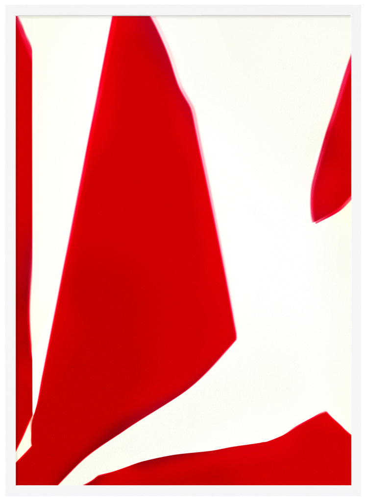 Poster av utfallande motiv. Abstrakt med röd och vit färg. Stående format. Vit ram.