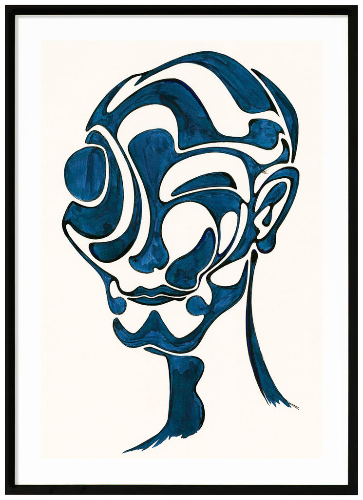 Poster av konstverk i blått och vitt. Målad som ett ansikte. Svart ram.