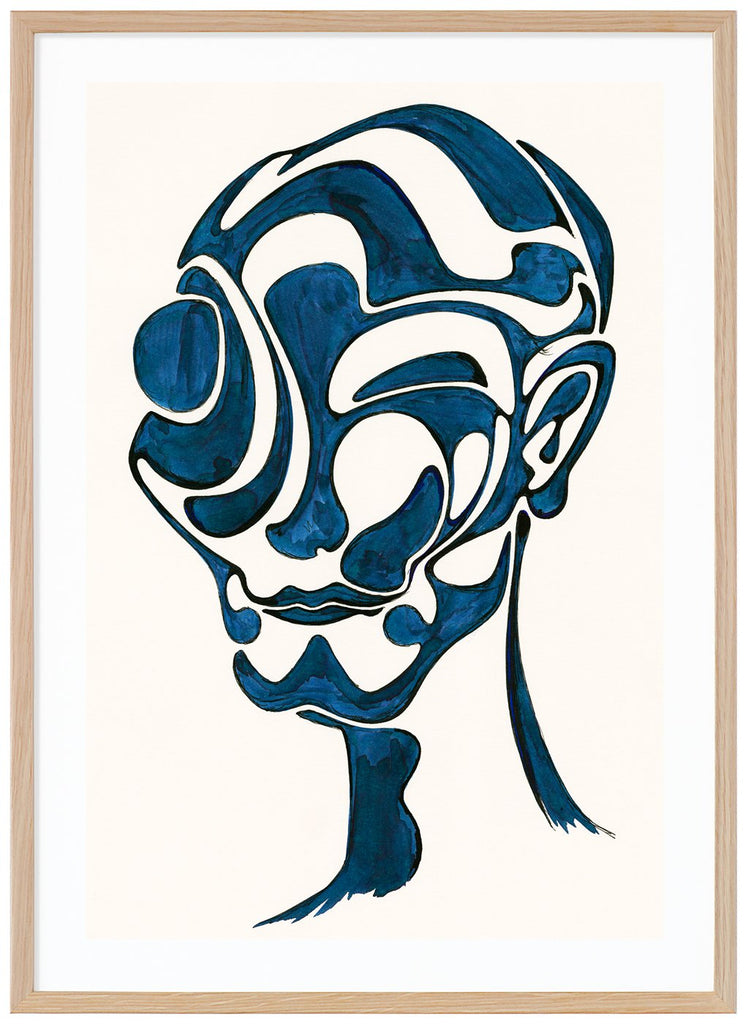 Poster av konstverk i blått och vitt. Målad som ett ansikte. Ekram.