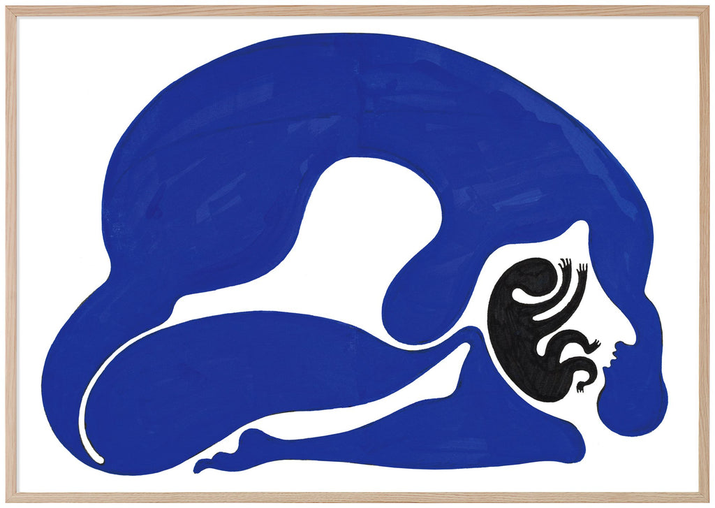 Abstrakt poster av två figurer i blått och svart. Liggande format. Ekram.