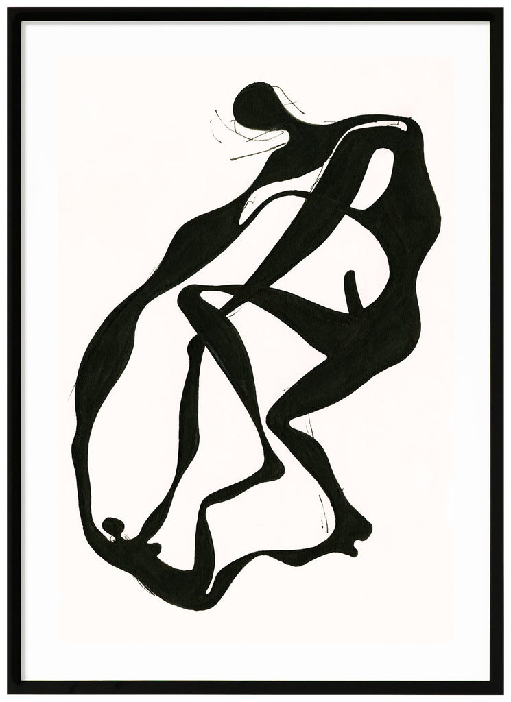 Halv abstrakt poster av två figurer i svart. Vit bakgrund. Svart ram.