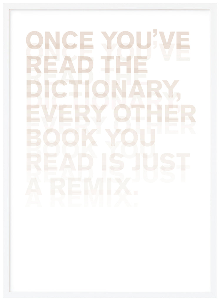 Grafisk poster med beige text. Vit bakgrund. Stående format. Vit ram.