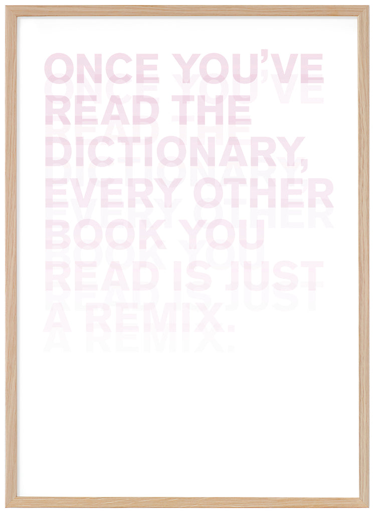 Poster av text i rosa toner med vit bakgrund. Stående format. Ekram.