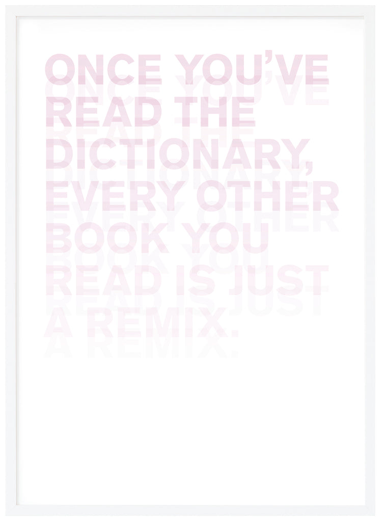 Poster av text i rosa toner med vit bakgrund. Stående format. Vit ram.