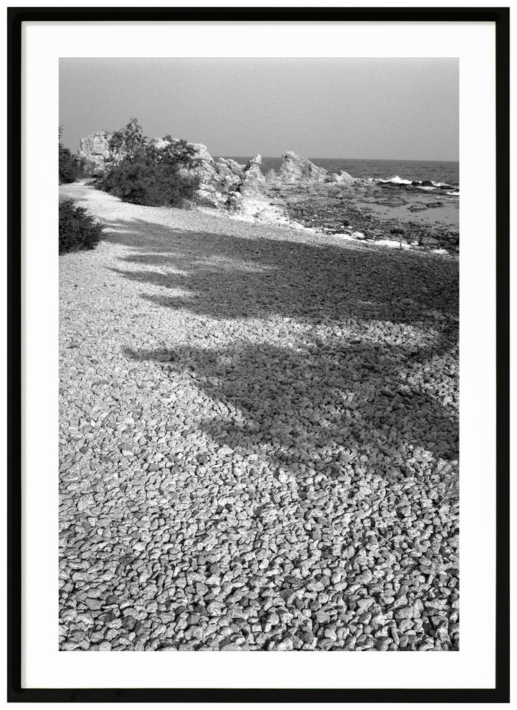 Svart-vit poster av analogt foto. Skugga av träd på Gotlands vita stenar. Vatten och klippor längre fram. Stående format. Svart ram.