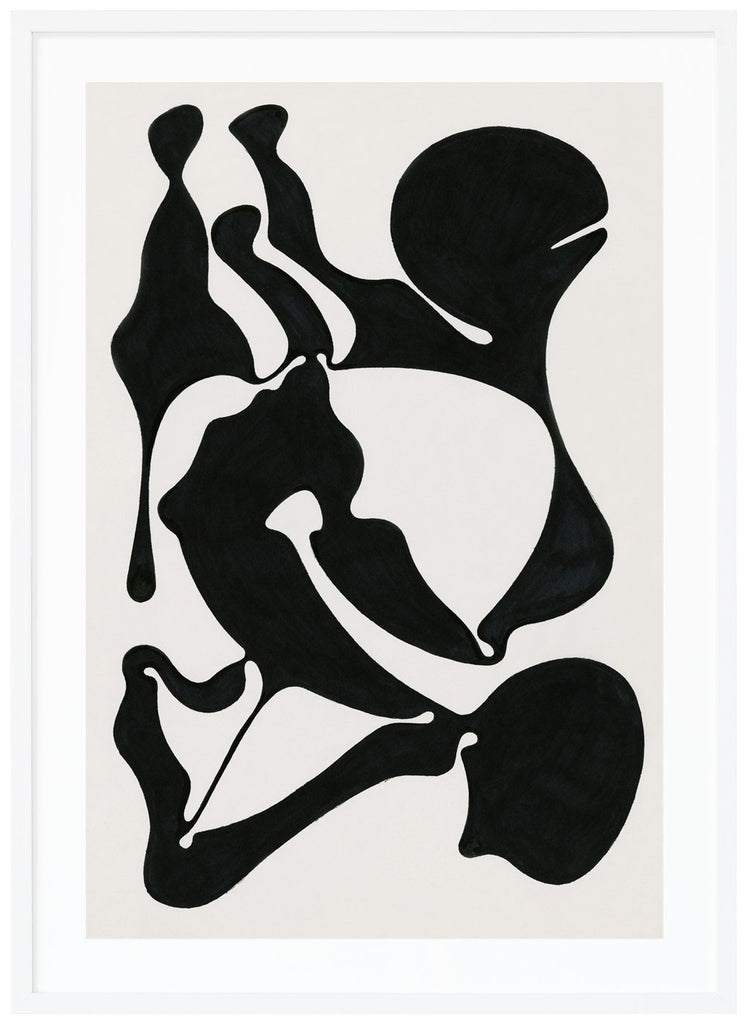 Svart-vit abstrakt poster av konstverk i svart med vit bakgrund. Stående format. Vit ram.