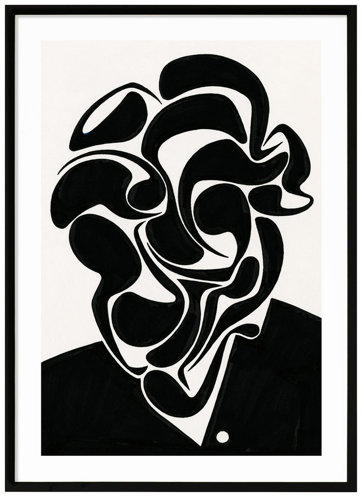 Svart-vit poster av abstrakt porträtt i svart med vit bakgrund. Av svenske konstnären Henrik Delehag.Svart ram.