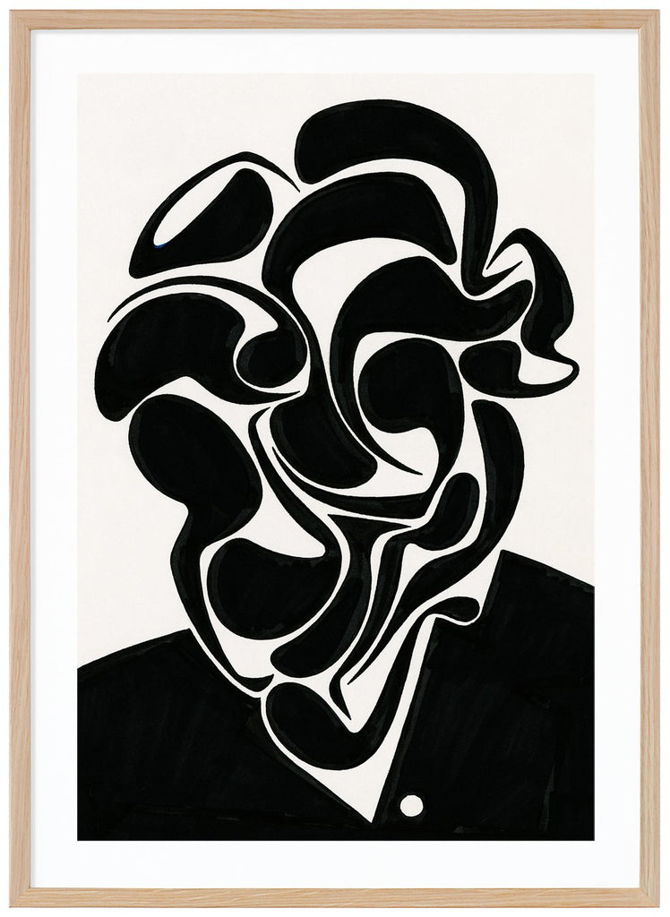 Svart-vit poster av abstrakt porträtt i svart med vit bakgrund. Av svenske konstnären Henrik Delehag. Ekram.