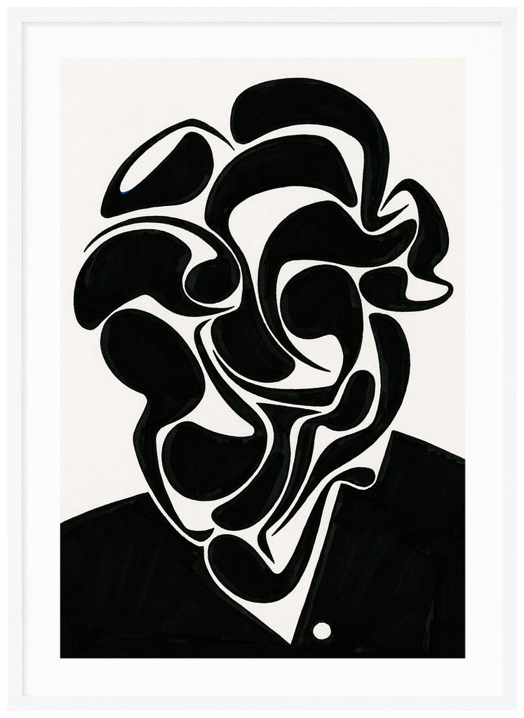 Svart-vit poster av abstrakt porträtt i svart med vit bakgrund. Av svenske konstnären Henrik Delehag. Vit ram.