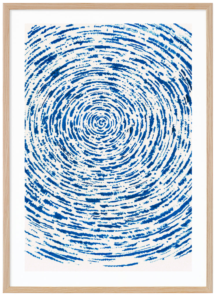 Poster av konstverk med blått mönster över vit bakgrund. Av svenske konstnären Henrik Delehag. Ekram.